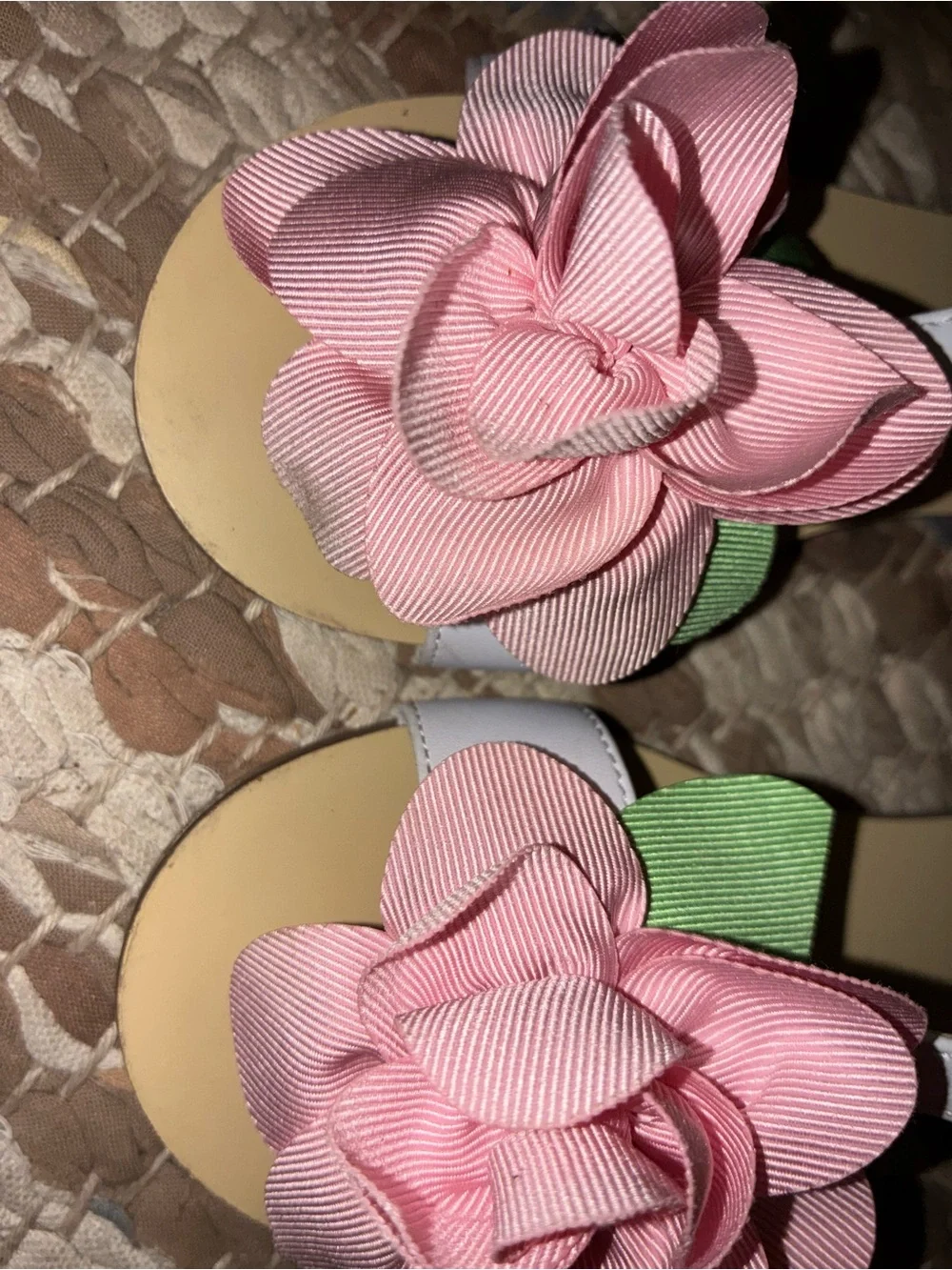 Janie and Jack White Sandals with Pink Flower and Green Leaves